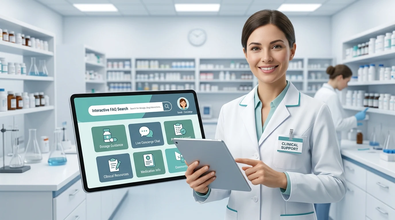 Clinical healthcare specialist tablet interface showing interactive FAQ categories, dosage protocols, and patient support resources
