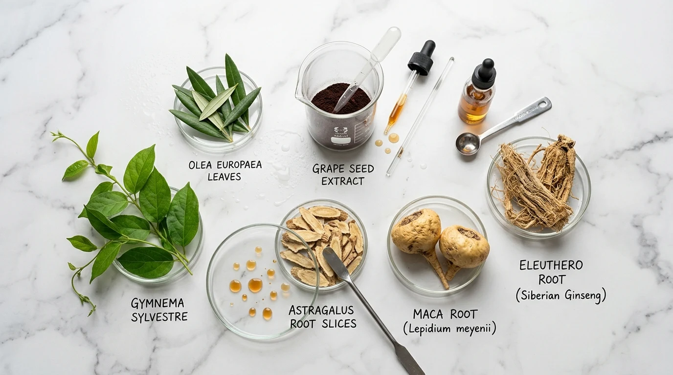 Laboratory flat-lay of standardized botanical extracts including Olive Leaf, Gymnema, Grape Seed, Astragalus, Maca, and Eleuthero