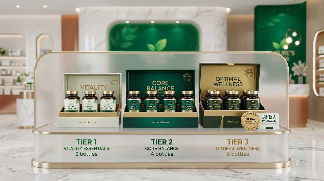 Official product package showcase presenting 1-bottle, 3-bottle, and 6-bottle tiered bundles on a premium showroom pedestal