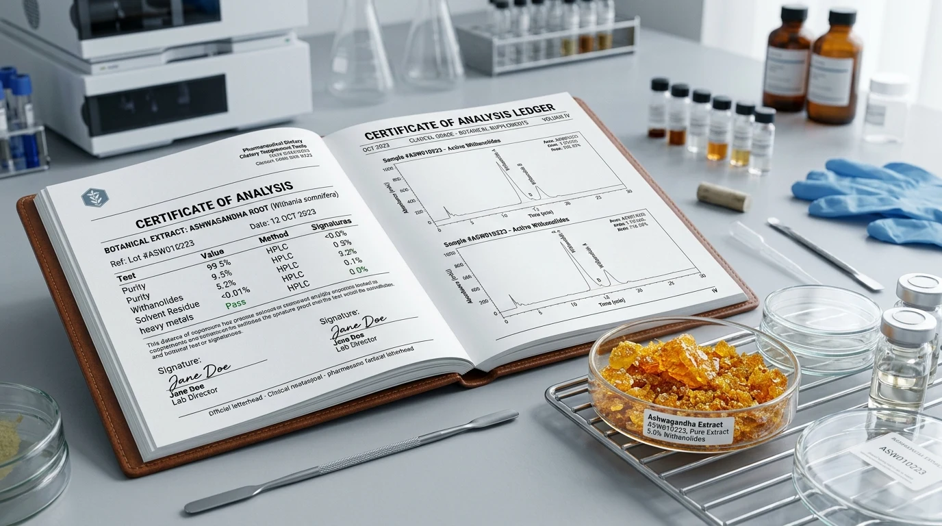 Pharmaceutical certificate of analysis ledger showing analytical testing, chromatography data, and dietary supplement facts label